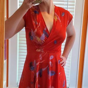 Vintage Red Feather Print Midi Dress | size 6